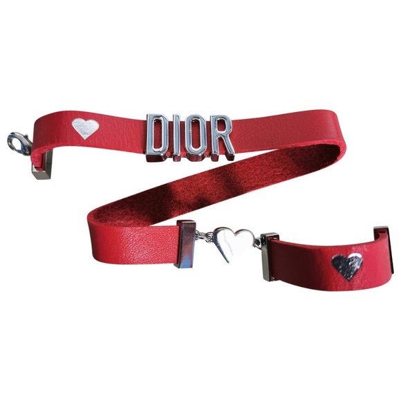 DIOR BRACELET Heart Double Wrap Calfskin Leather Red & Silver NEW in BOX - Picture 3 of 8